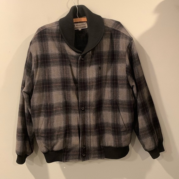 Manstar Wool *damage discount * Plaid Bomber Jacket Coat Gray Black Men’s Medium - Picture 1 of 10